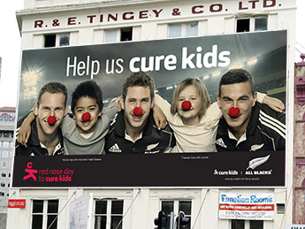 Angle Limited Auckland Advertising services Billboard design example for Cure Kids Red Nose Day