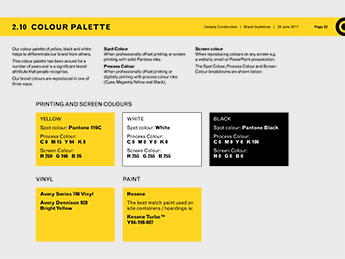 Angle Limited Auckland Branding services Brand guidelines example Cassidy Construction brand colour page example