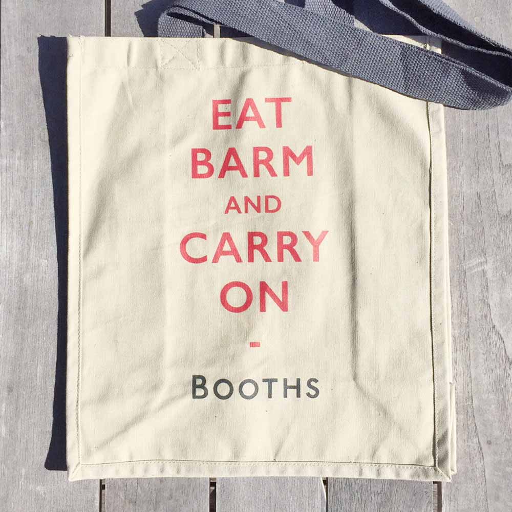 Booths shopping bag demonstrates design thinking + eat barm and carry on